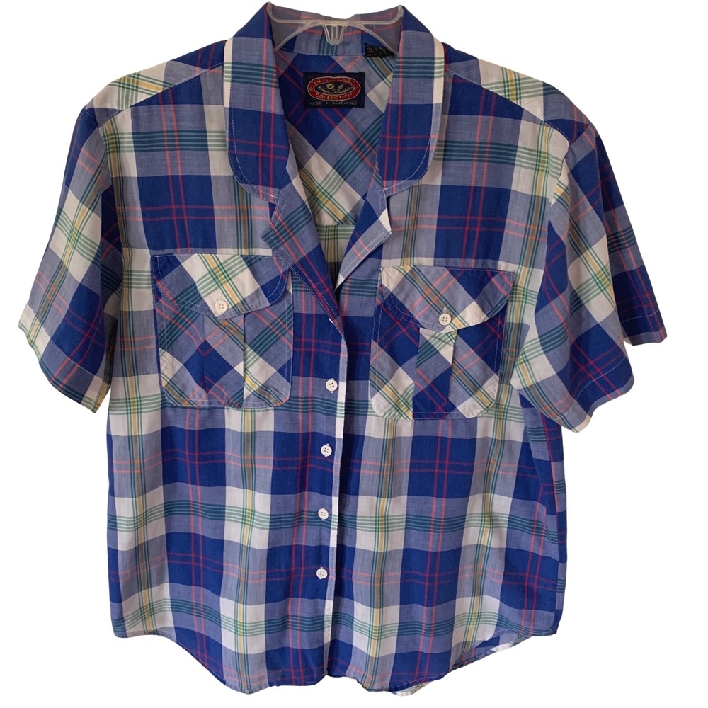 Turtle Creek Collection Womens M Plaid Short Sleeve Button Up Shirt Two Pockets